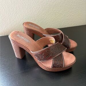 Roper Mika Cognac Floral Tooled Leather Platform Cross Strap Heels